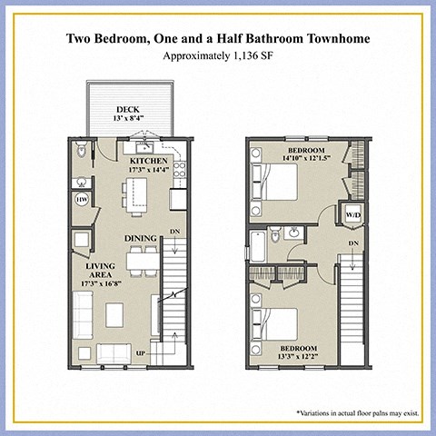 Floor plan for 2 beds, 1.5 baths, 1136 sqft